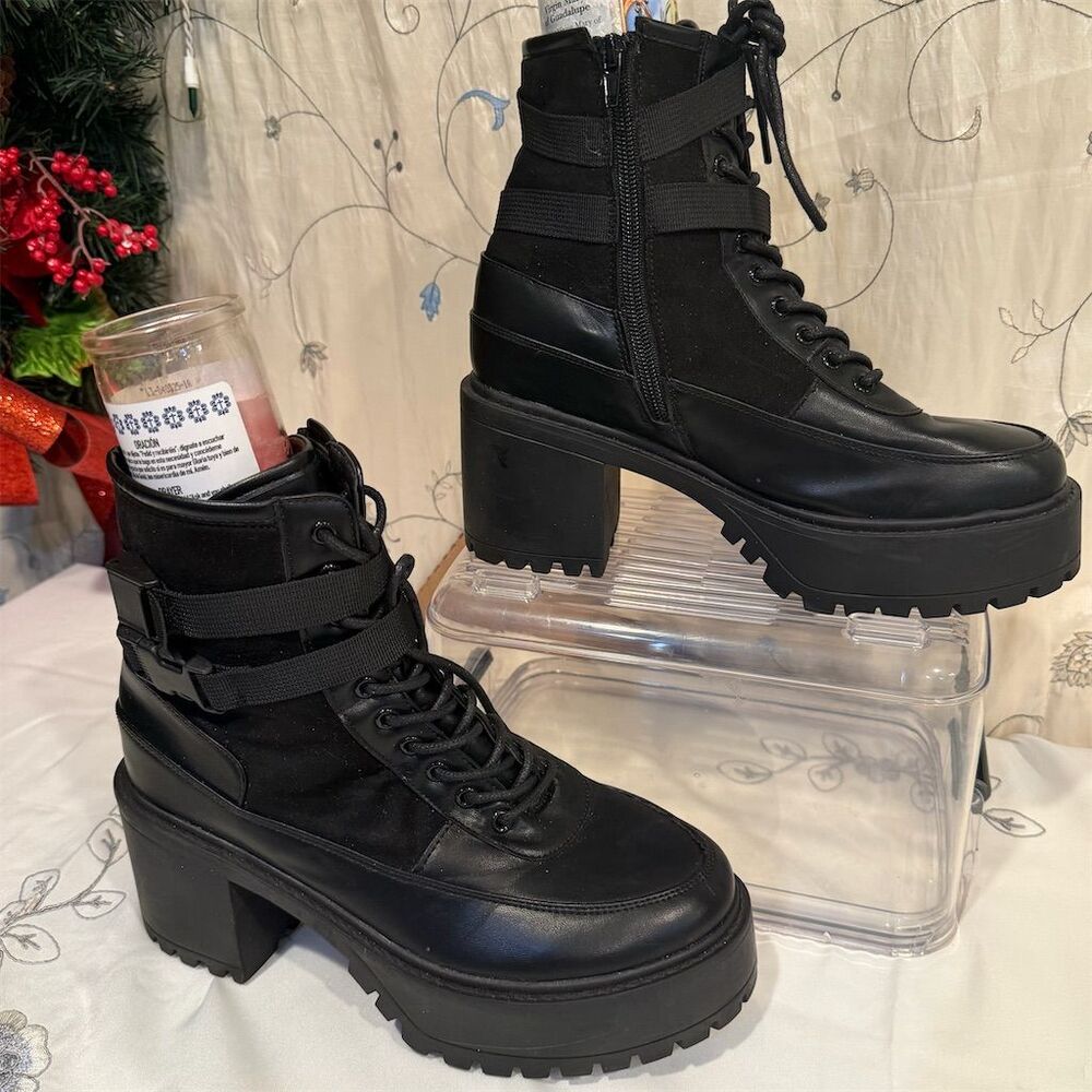 French connection  Women's Black Chunky Platform Boots Size 9 Lace & Buckle